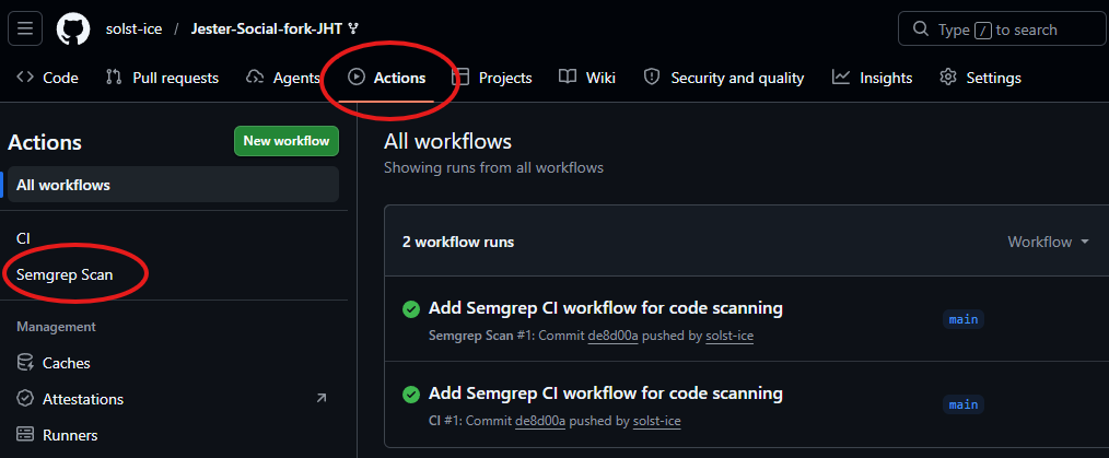 The Actions tab listing the Semgrep Scan workflow.