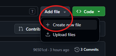 The Add file menu on GitHub, with the Create new file option.