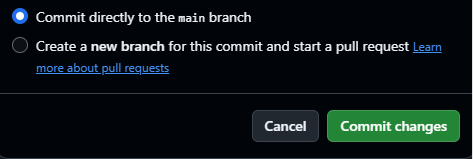 The commit dialog with Commit directly to the main branch selected.