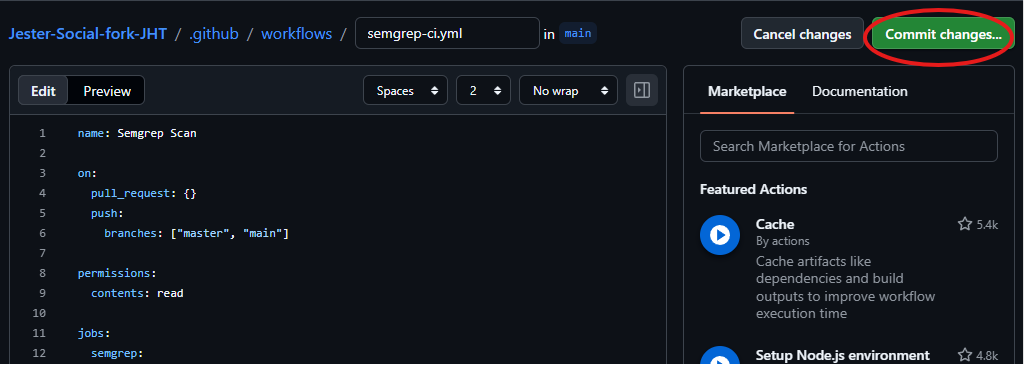 The GitHub file editor with semgrep-ci.yml filled in and the Commit changes button highlighted.