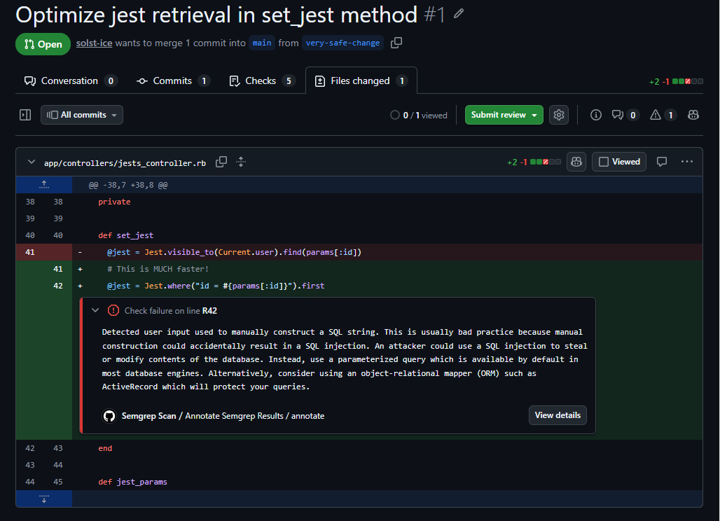 The Files changed tab with a Semgrep annotation flagging SQL injection on the changed line.