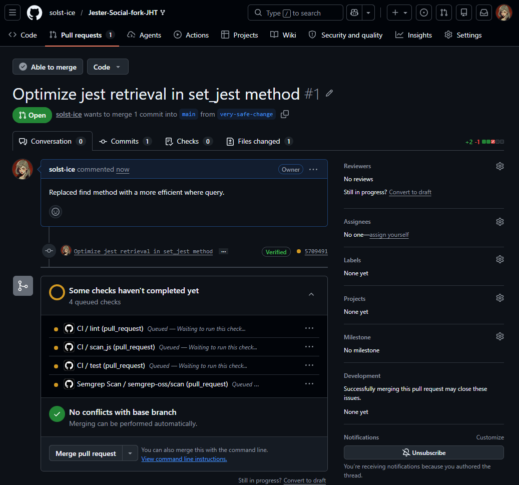 A pull request showing Some checks haven't completed yet, with the Semgrep job queued.
