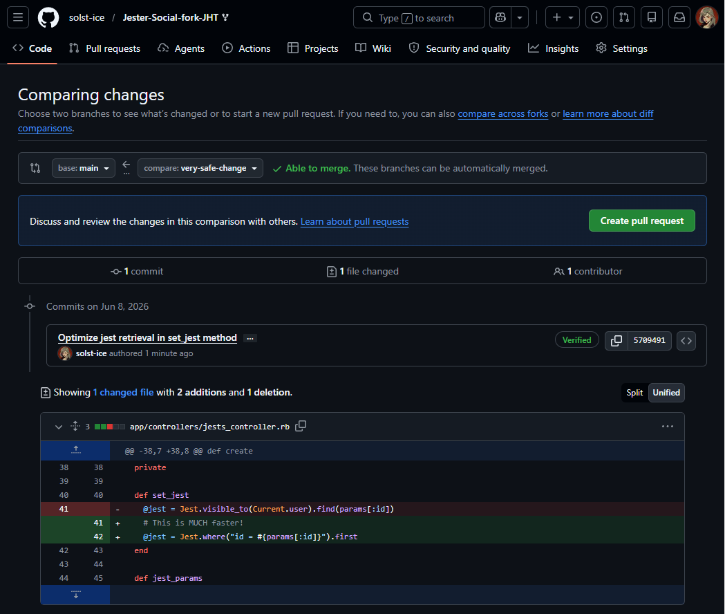GitHub's Open a pull request page comparing the new branch with main.