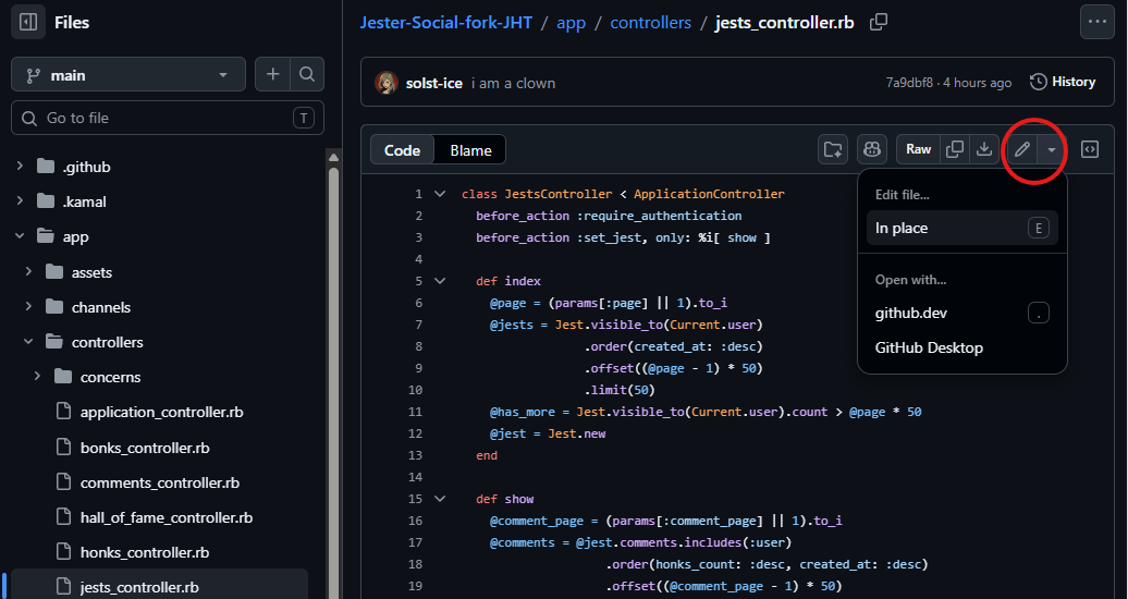 jests_controller.rb in GitHub, with the pencil edit menu open.