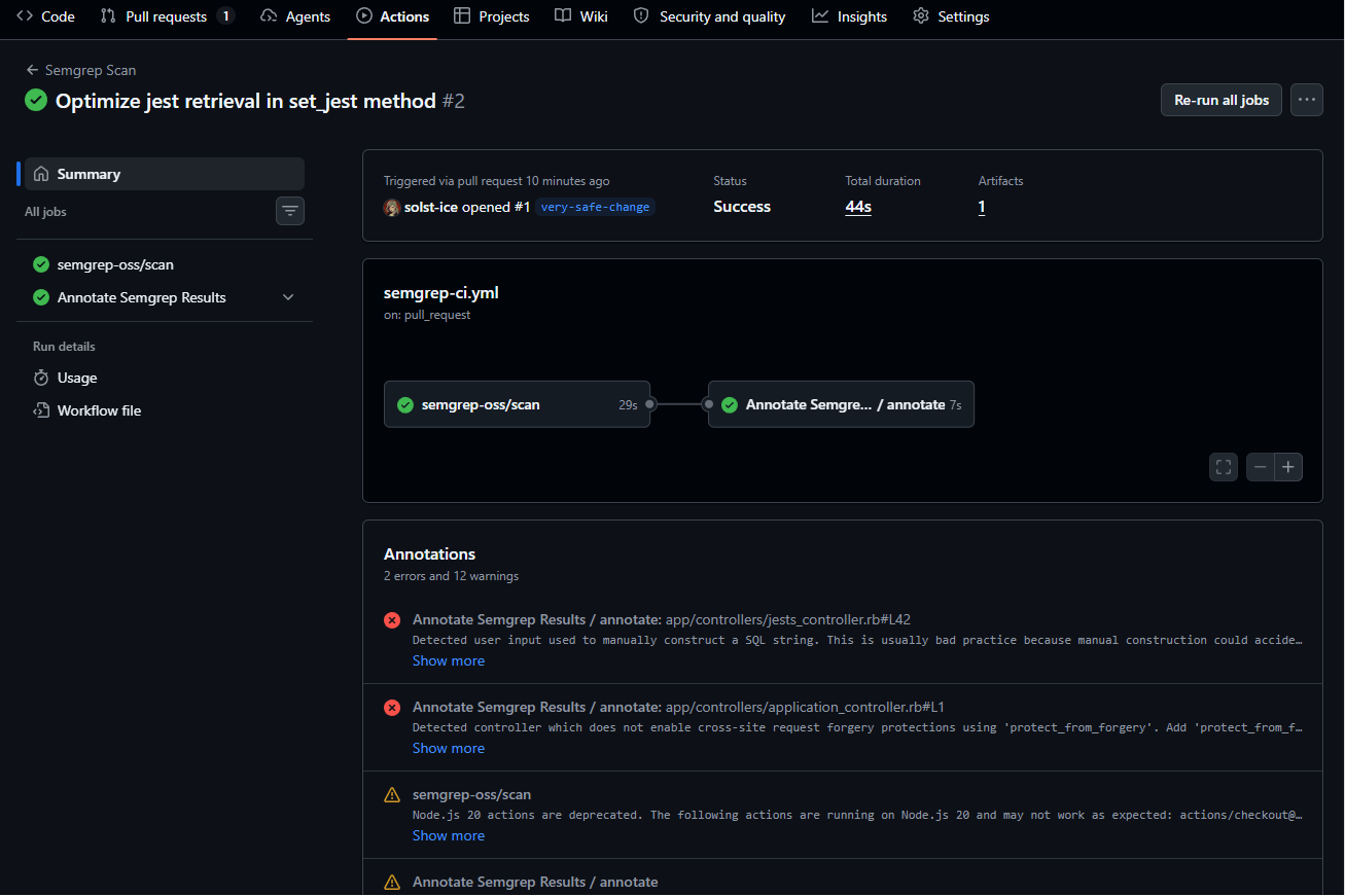 Semgrep job logs reporting 14 findings across the codebase.