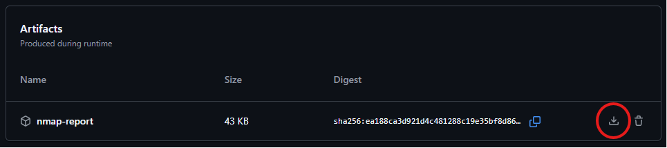 The Artifacts section of a workflow run, listing nmap-report.