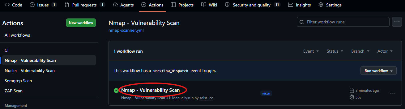 The Nmap workflow's run list, with the latest completed run.