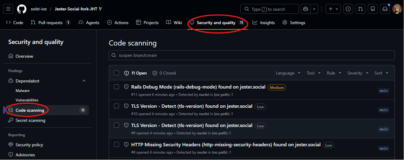 GitHub's Code scanning page listing Nuclei findings.