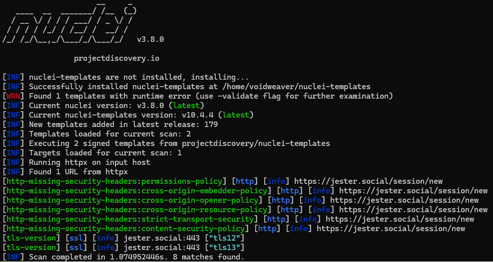 Nuclei terminal output listing TLS version and missing security header findings for jester.social.