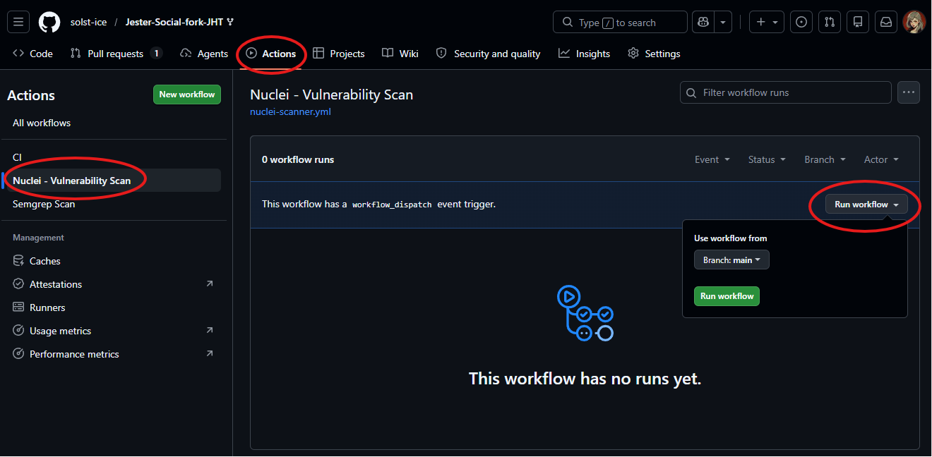 The Actions tab with the Nuclei workflow selected and the Run workflow dropdown open.