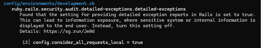 A Semgrep finding printed in the terminal, showing the rule, file, and offending line.