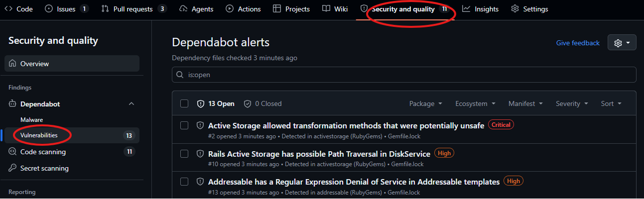 The Dependabot alerts dashboard listing vulnerable dependencies.