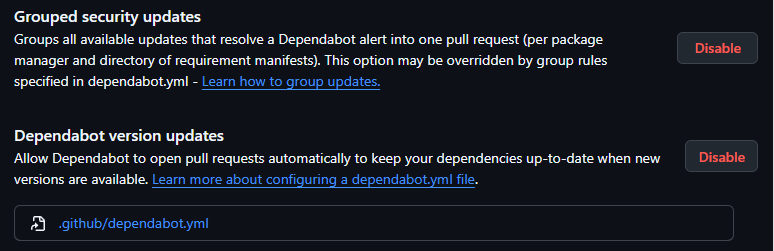 Dependabot security updates and version updates settings, both enabled.