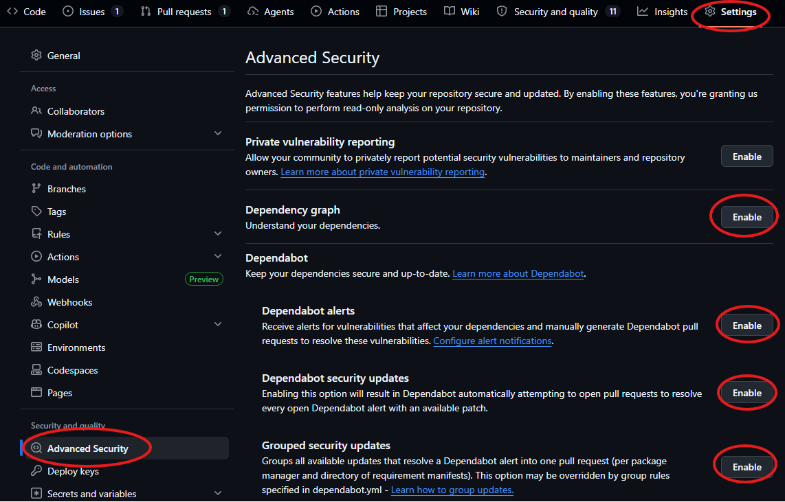 Advanced Security settings with the Dependabot options enabled.