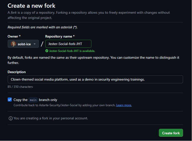 GitHub's Create a new fork page, with default settings and the Create fork button.