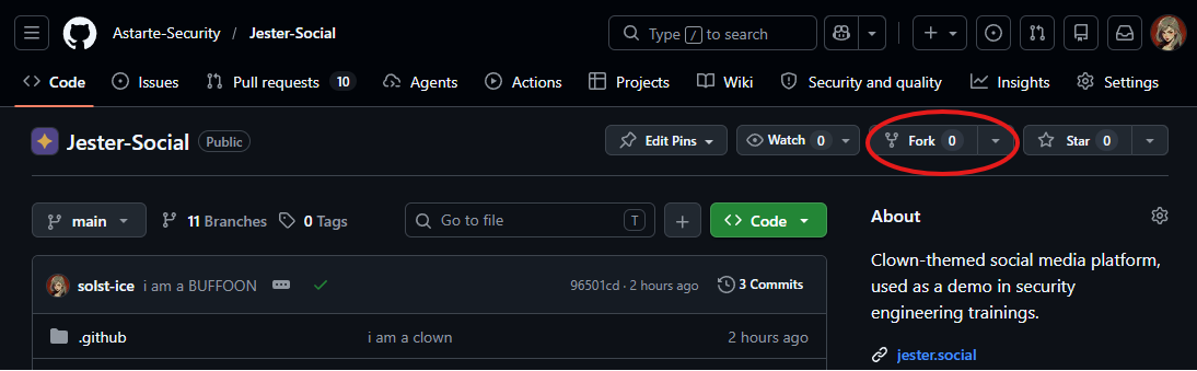 The Jester Social repository page on GitHub, with the Fork button in the top-right corner.
