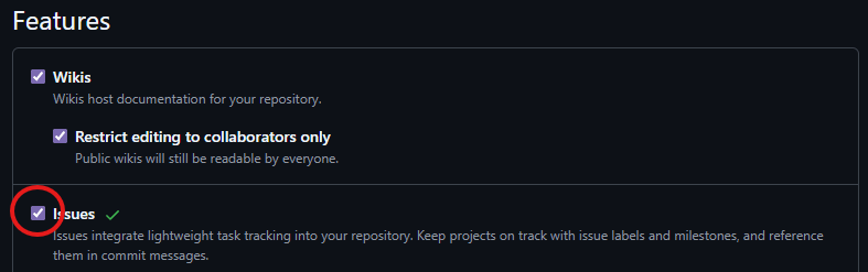 Repository settings, Features section, with the Issues checkbox ticked.