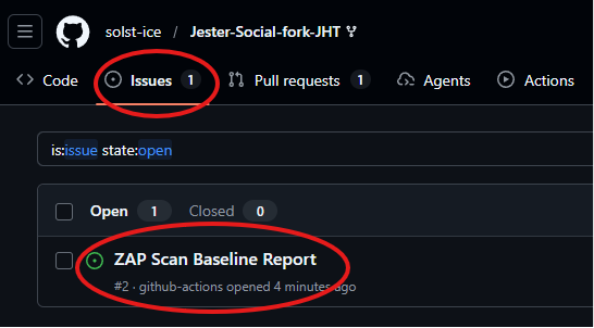 The repository's Issues tab with a ZAP scan report issue.